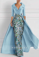 Sheath Floor-Length Evening Gown V Neck Watteau Train Half Sleeve Beading Mother of the Bride