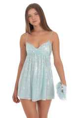 Sequin Front Bow Babydoll Dress In Seafoam Blue