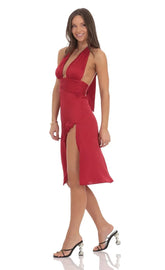 Satin Ruffle Slit Dress In Red