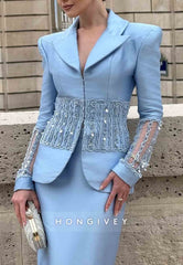 V-Neck Long Sleeves Sky Blue Split Evening Gowns Tea-Length Formal Dresses