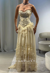 Yellow A-Line Floor-Length Strapless Sweetheart Evening Gowns with Appliques