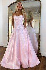Light Pink Strapless Beaded Prom Dress A-Line Satin Gown with Corset Back