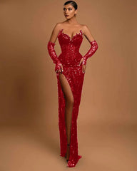 Sexy Satin Fitted Glitter Sweetheart Strapless Empire Fully Sequined Beaded With Side Slit Party Prom Evening Dress