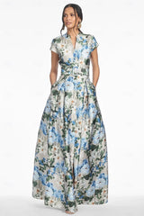 Elegant Blue Floral Print A-Line Floor-Length Evening Dress Slde