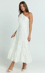 Nadette Midi Dress One Shoulder Pleated Tiered Dress In White