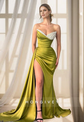 L0946 - Ormate Sheer Beaded Tube Top Paneled High Slit With Train Evening Party Prom Dress