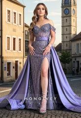 L1001 - Sparkly Crystal Beaded Illusion With Train And Slit Party Prom Formal Evening Dress