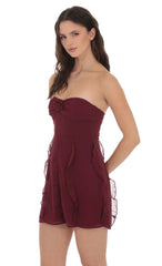 Chiffon Rosette Ruffle Dress in Burgundy