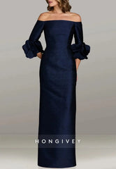 Floor-Length Evening Gown Pleated Off the Shoulder Column 3/4 Sleeve Formal Dress