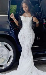 Modest Mermaid Strapless White Sequin Long Prom Dresses With Beads Evening Party Formal Gown