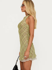 Buffie Shoulder Mini Dress Green Check