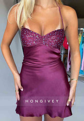 Sexy Halter Sleeveless Tie Back Spaghetti Straps Sheath Mini Homecoming Dresses