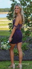 Sparkly Purple Beading Off the Shoulder Tight Short Homeocming Dress with Tassels, HC382287