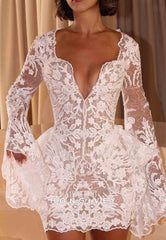 Low V-Neck Bell Sleeves Bell Sleeves Short Boho Wedding Dresses