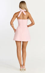 Halter Neck Tie Tulip Skirt Dress In Pink