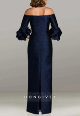 Floor-Length Evening Gown Pleated Off the Shoulder Column 3/4 Sleeve Formal Dress