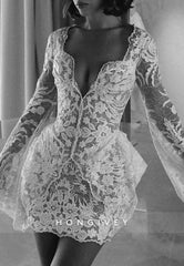Low V-Neck Bell Sleeves Bell Sleeves Short Boho Wedding Dresses