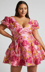 Brailey Jacquard Mini Dress - Puff Sleeve Dress In Pink