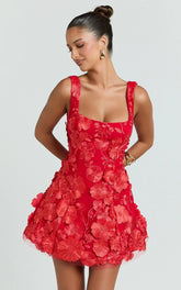 Sienna Mini Dress - 3D Floral Fit And Flare Dress In Red