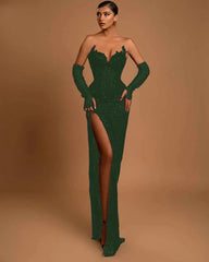 Chic Fitted Strapless Beaded With Side Slit Long Prom Dress