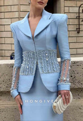 V-Neck Long Sleeves Sky Blue Split Evening Gowns Tea-Length Formal Dresses