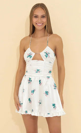 Floral Ruched Satin Dress In White