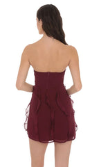Chiffon Rosette Ruffle Dress in Burgundy