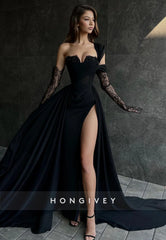 Sexy Illusion Asymmetrical Lace Sleeves With Train and High Slit Party Prom Formal Evening Dress