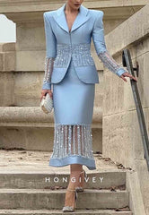 V-Neck Long Sleeves Sky Blue Split Evening Gowns Tea-Length Formal Dresses