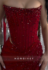 Sparkly Red Strapless Column Side Slit Prom Dresses with Rhinestone