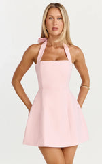 Halter Neck Tie Tulip Skirt Dress In Pink