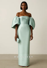 Off the Shoulder Satin Half Sleeves Column Ankle-Length Evening Gown
