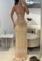 Sparkly Golden Column Strapless Floor-Length Evening Gowns with Beading