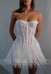 Sparkly White Strapless Lace A-Line Mini Wedding Dresses with Tassel