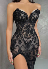 L1322 - Sexy Lace Illusion Strapless Sweetheart Strapless With Side Slit Party Prom Evening Dress