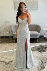 Sparkly Silver Beaded Mermaid Prom Dress with Deep V-Neck and Front Slit