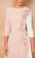 HM145 - Sexy Satin A-Line Empire Scoop 3/4 Sleeves Floral Appliques Mother of the Bride Dress