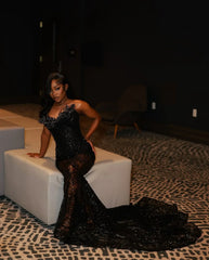 Shinning Mermaid Sweetheart Black Sequined For Women Party Dresses Long Formal Prom Dresses Birthday Gown