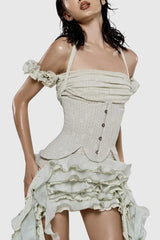 Juricn Halter Corset Ruffle Fringe Mini Dress - Beige