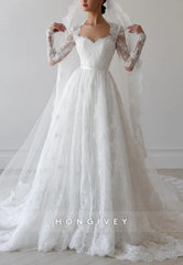Lace Sweetheart Long Sleeves Court Train A-Line Detachable Wedding Dresses