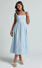 Linen Look Square A Line Dress In Blue