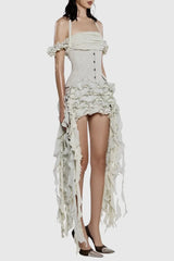 Juricn Halter Corset Ruffle Fringe Mini Dress - Beige