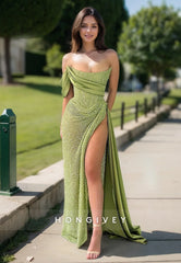 L0945 - Sheer Paneled Lace Sequins Sparkly High Slit With Train Party Evening Prom Dress