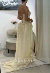 Yellow A-Line Floor-Length Strapless Sweetheart Evening Gowns with Appliques