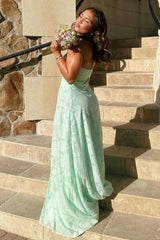Mint Green Strapless Prom Dress with Front Slit and Textured Fabric