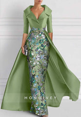 Sheath Floor-Length Evening Gown V Neck Watteau Train Half Sleeve Beading Mother of the Bride