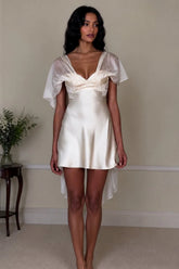 White Satin Mini Homecoming Dress with Deep V-Neck and Delicate Sheer Sleeves