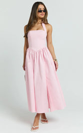 Halter Tie Neck Corset Panel Dress In Pink