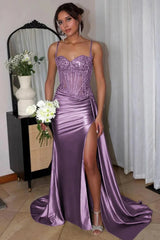 Chic Satin Sweetheart Spaghetti Straps Sheer Lace Applique Long Prom Dress