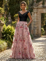 A-Line Floral Jacquard Floor-Length Mother of the Bride with Ruched Satin Bodice
